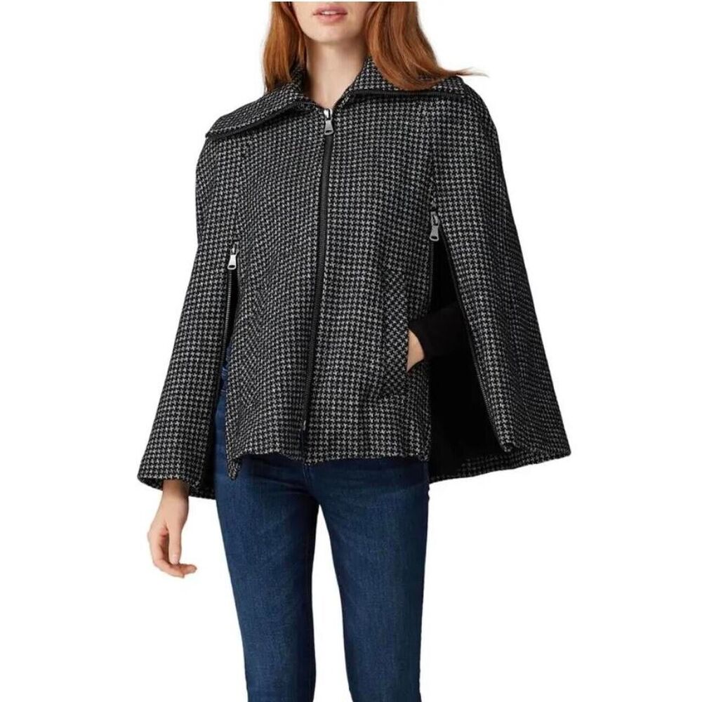 NANETTE LEPORE Houndstooth Shoulder Cape 0 Black Full Zip Wool Coat EUC A3